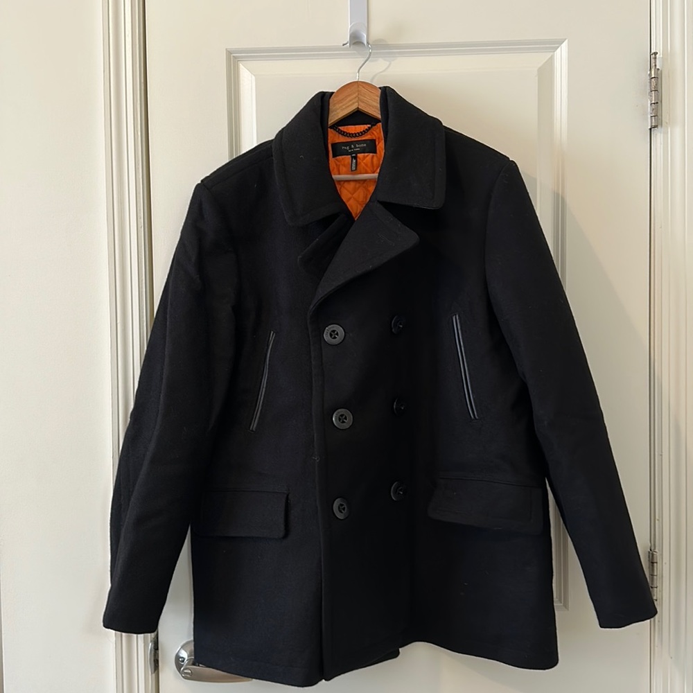 Men’s Rag & Bone Peacoat in Black-Leather Trim-XXL. Worn a few times.
